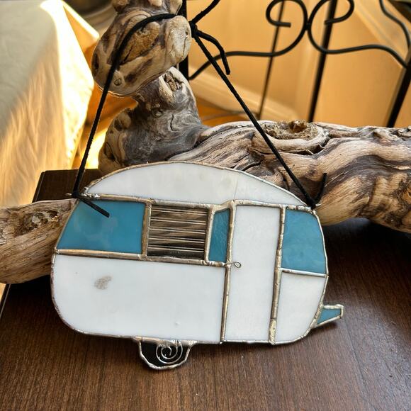 Deep Aqua Blue Stained Glass Camper Suncatcher - Travel Trailer Decoration - Picture 6 of 9